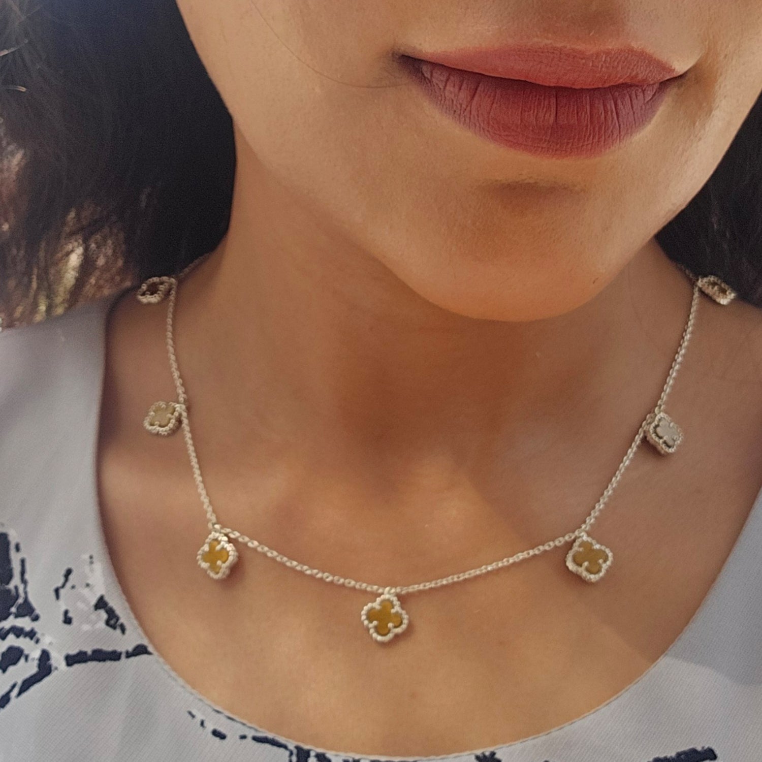 Small Clover Leaf Tiger Eye  Necklace