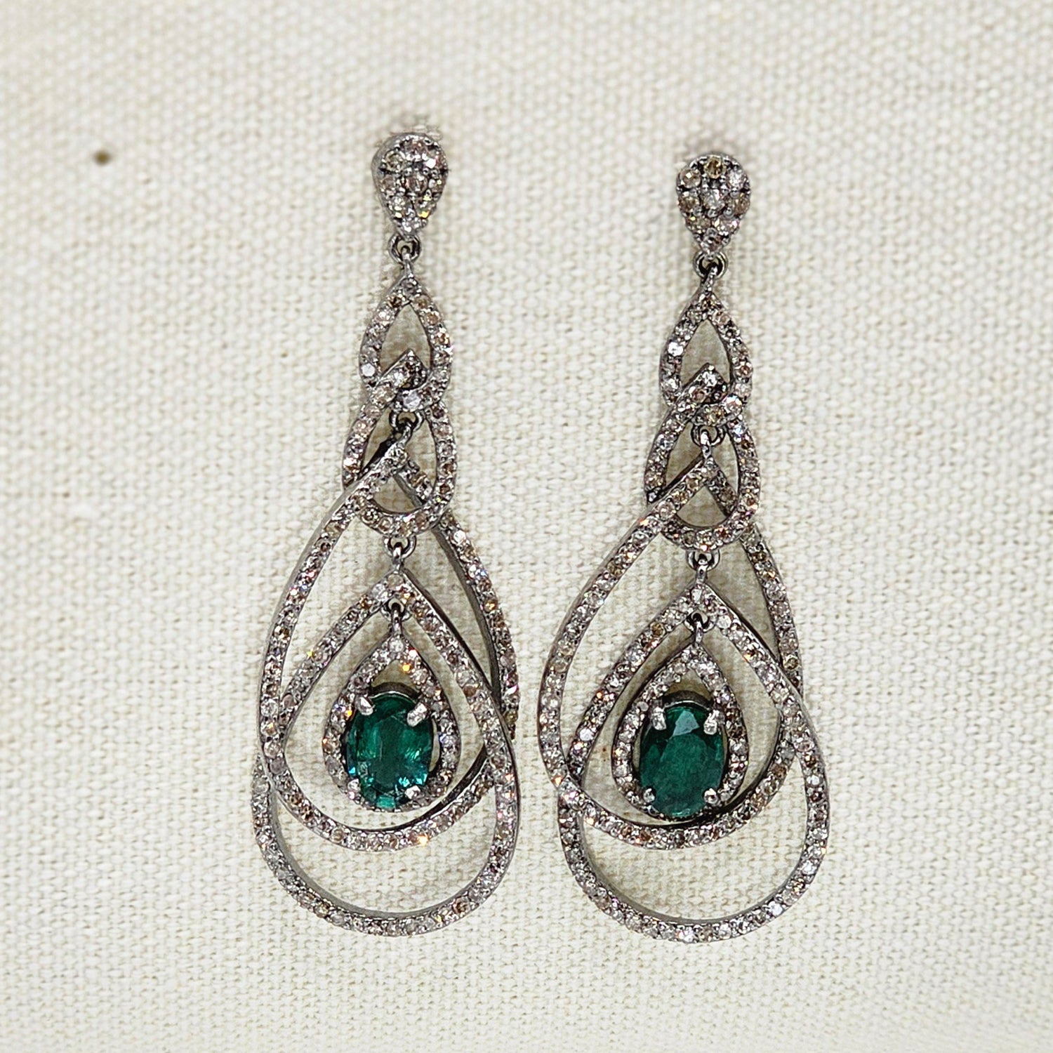 Natural Emerald & Diamond Drop  Earrings