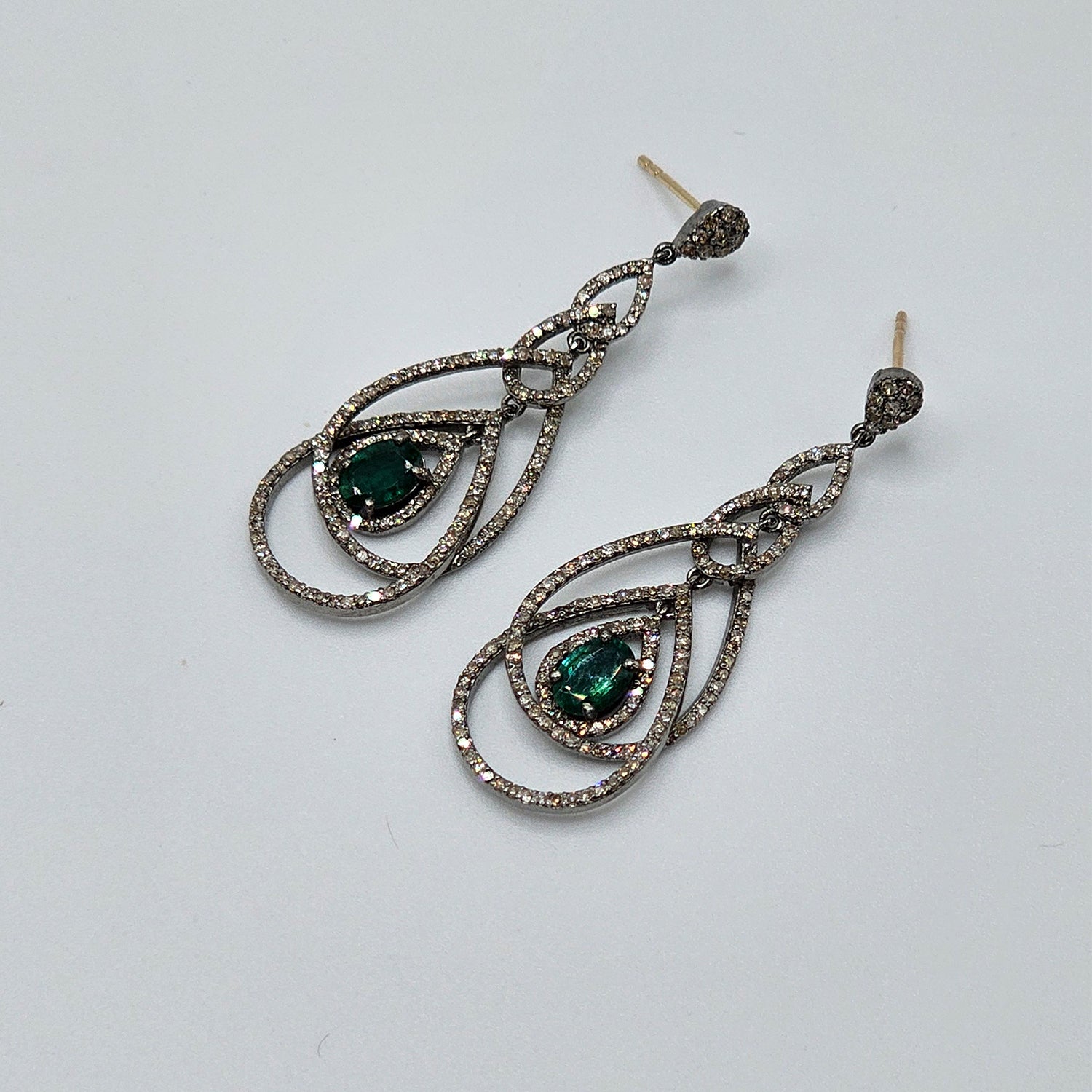 Natural Emerald & Diamond Drop  Earrings