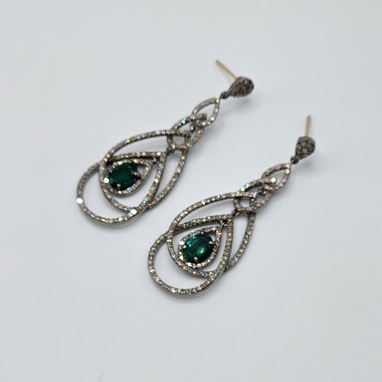 Natural Emerald & Diamond Drop  Earrings