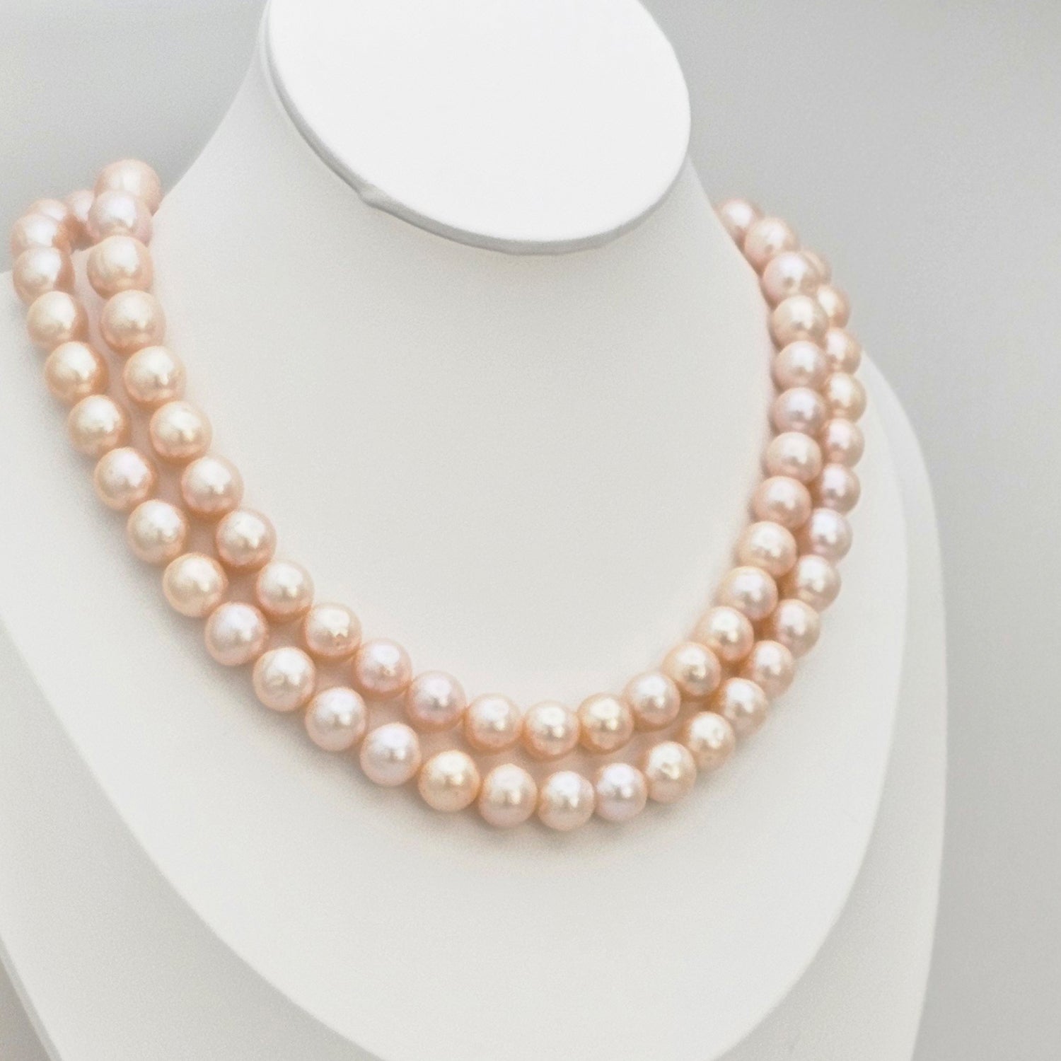 Luminous pink color freshwater pearl  necklace Two Strings (With Earrings)