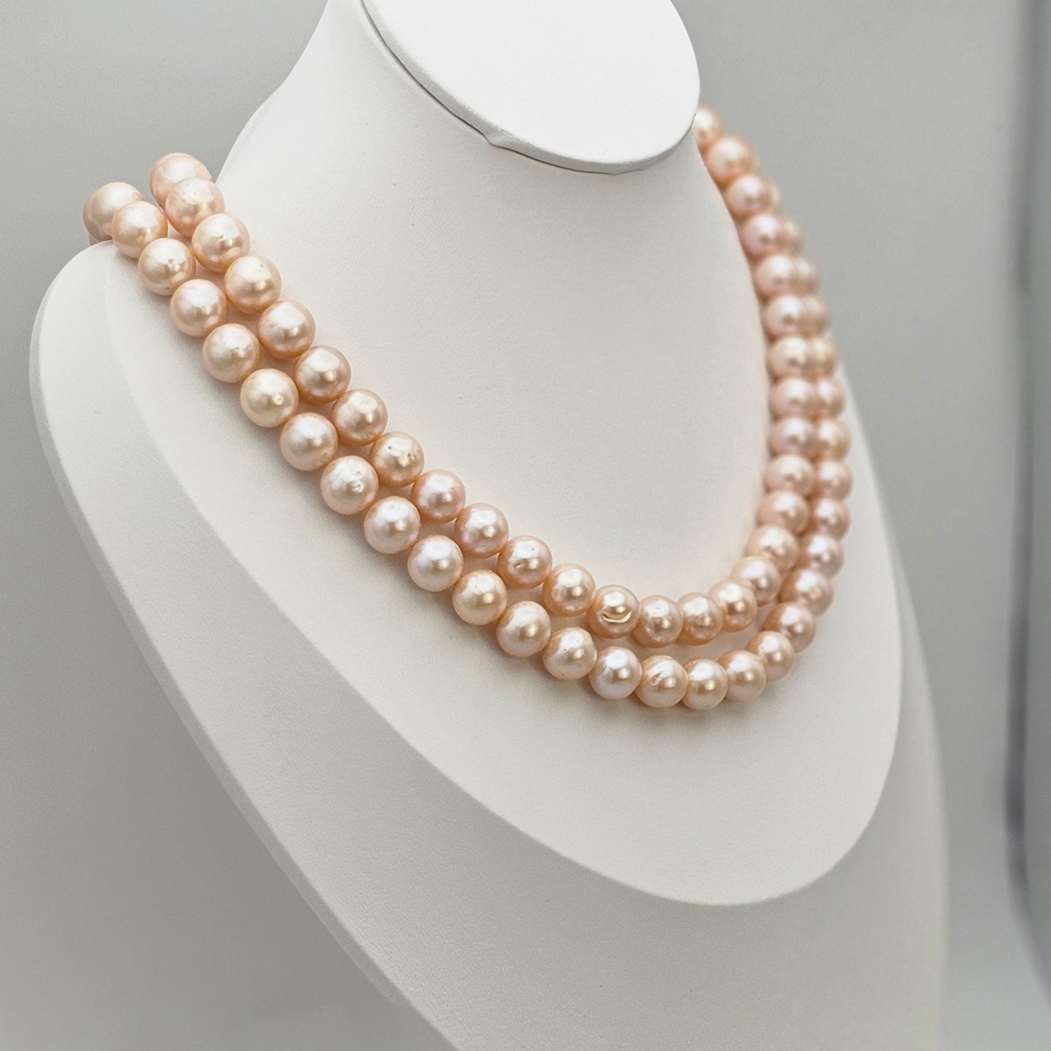 Luminous pink color freshwater pearl  necklace Two Strings (With Earrings)