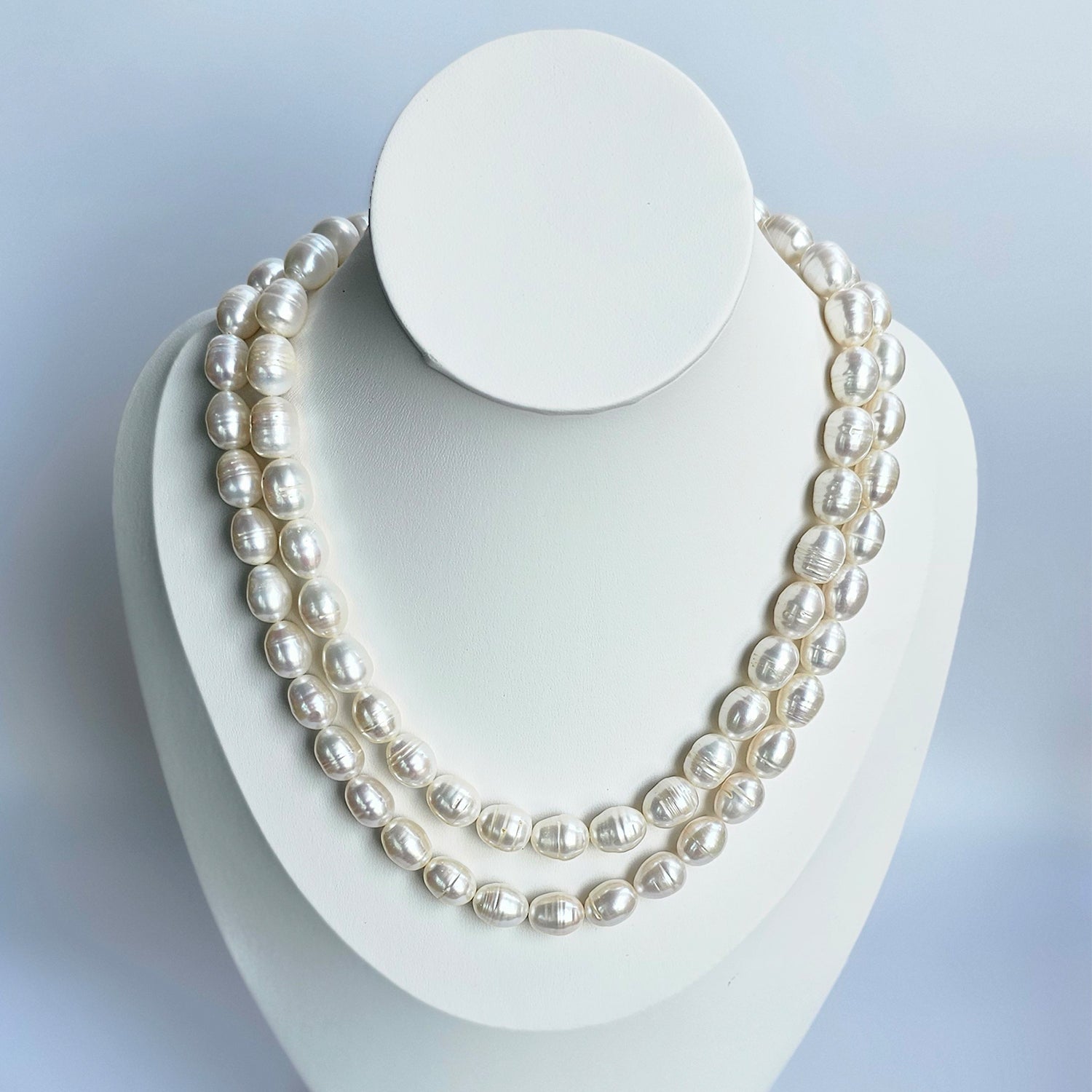 Luminous White Oval Pearl Necklace (With  Earrings) - Two Strings