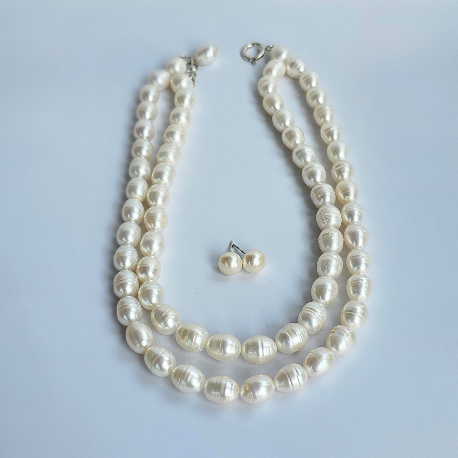 Luminous White Oval Pearl Necklace (With  Earrings) - Two Strings