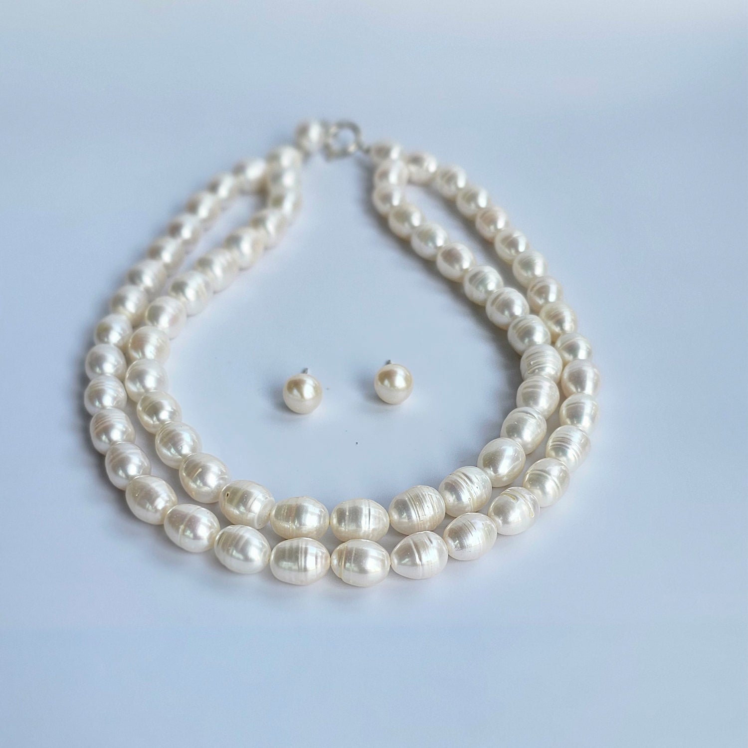 Luminous White Oval Pearl Necklace (With  Earrings) - Two Strings