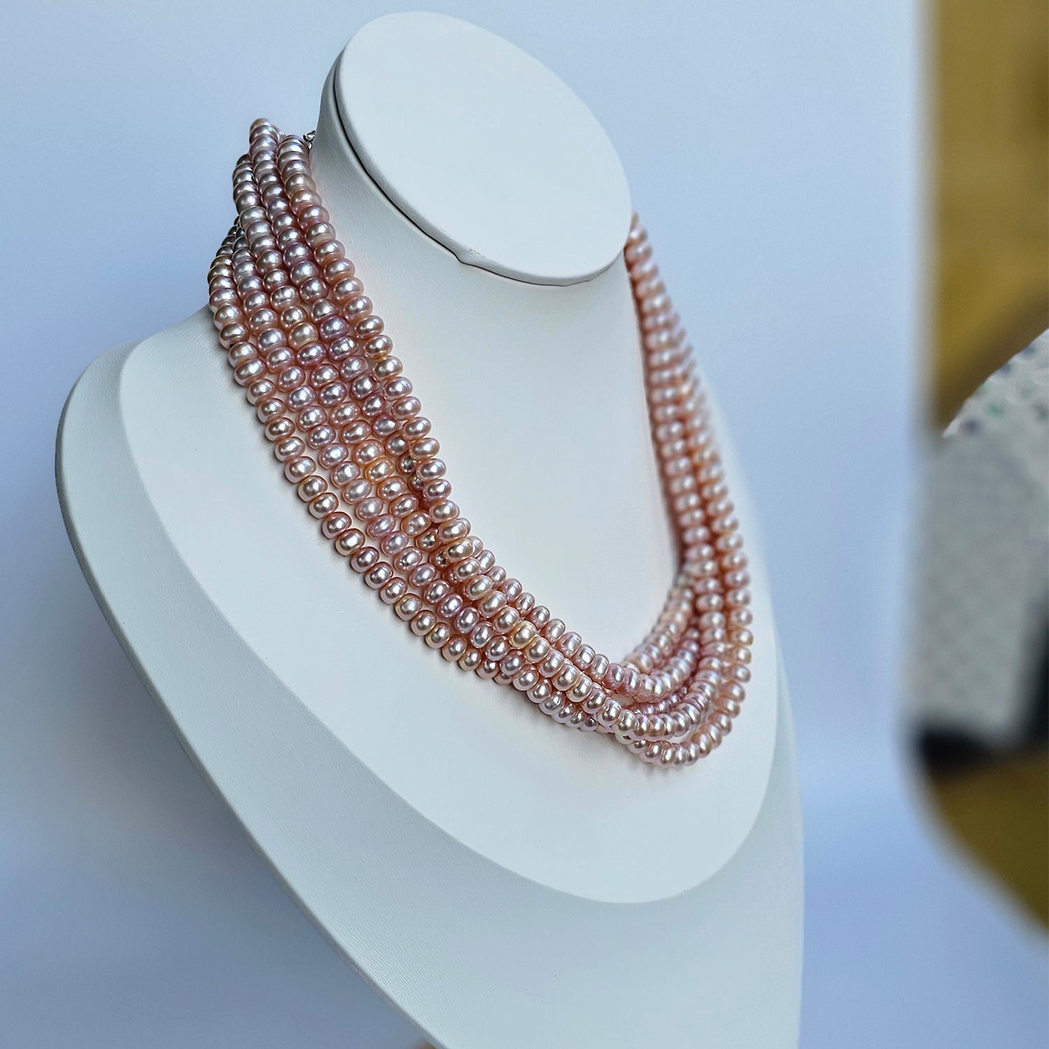 Roseate Freshwater Pearl Necklace (Pink  Color) Five Strings (With Earrings)