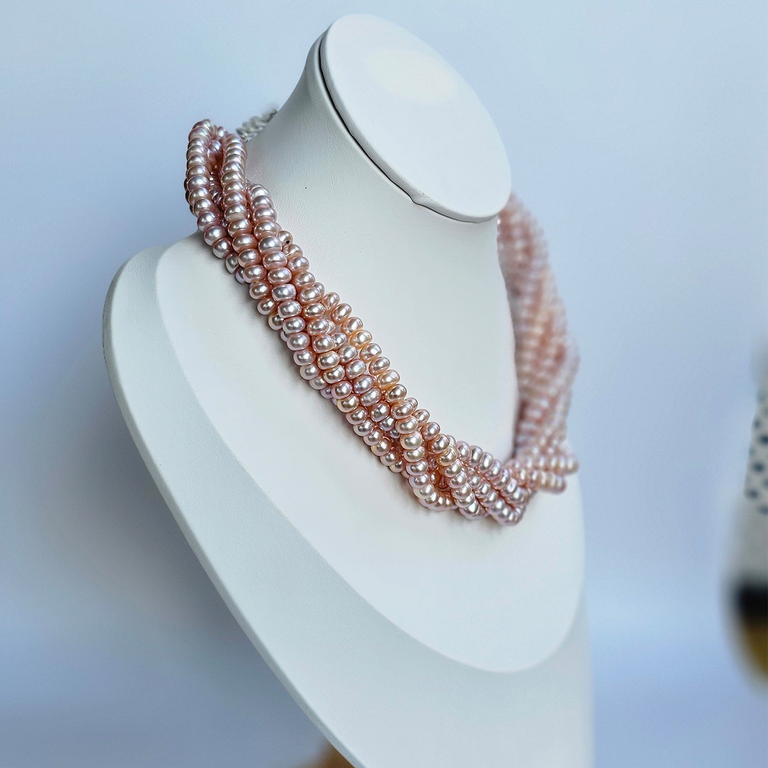 Roseate Freshwater Pearl Necklace (Pink  Color) Five Strings (With Earrings)