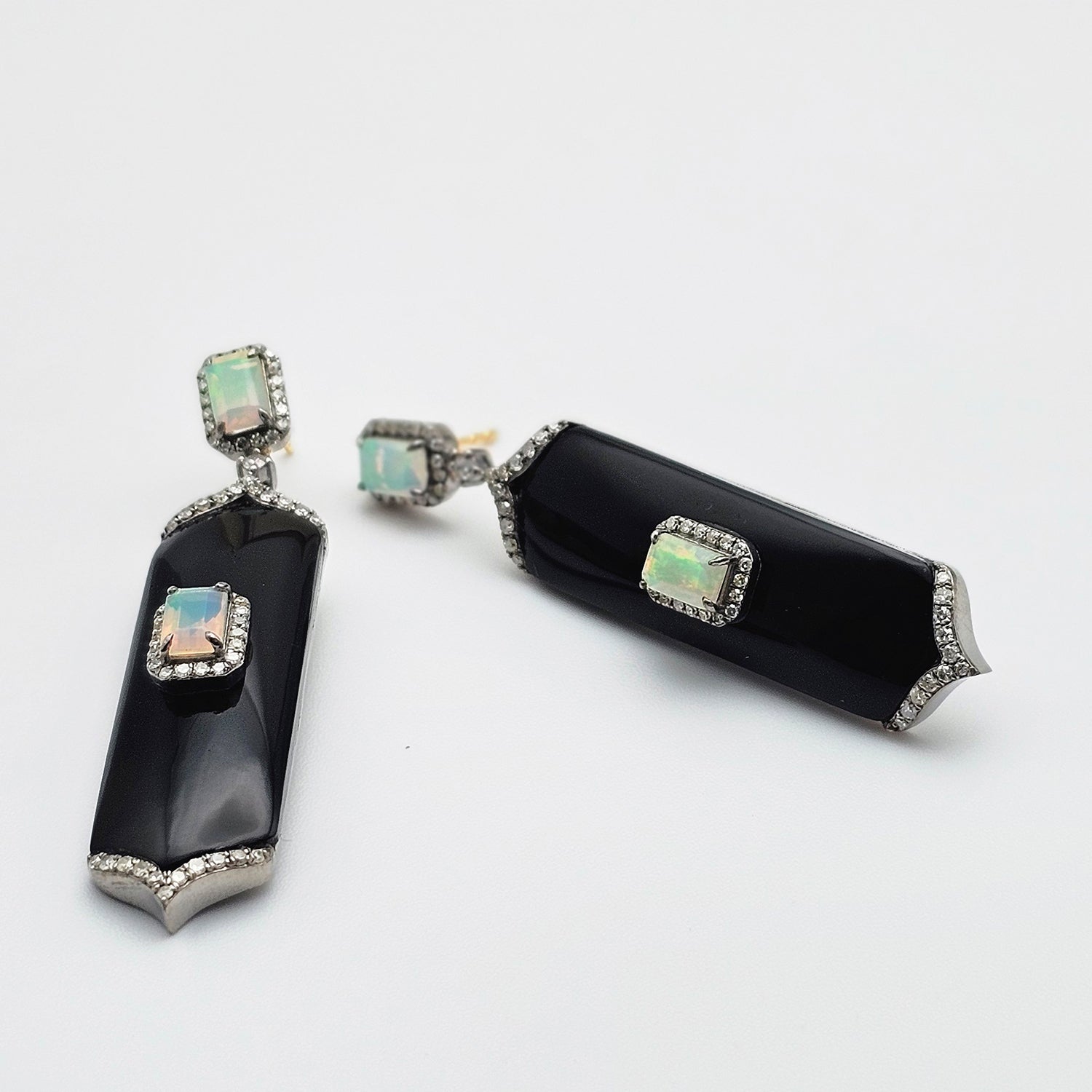 Art Deco Style Black Onyx and Opal  Earrings