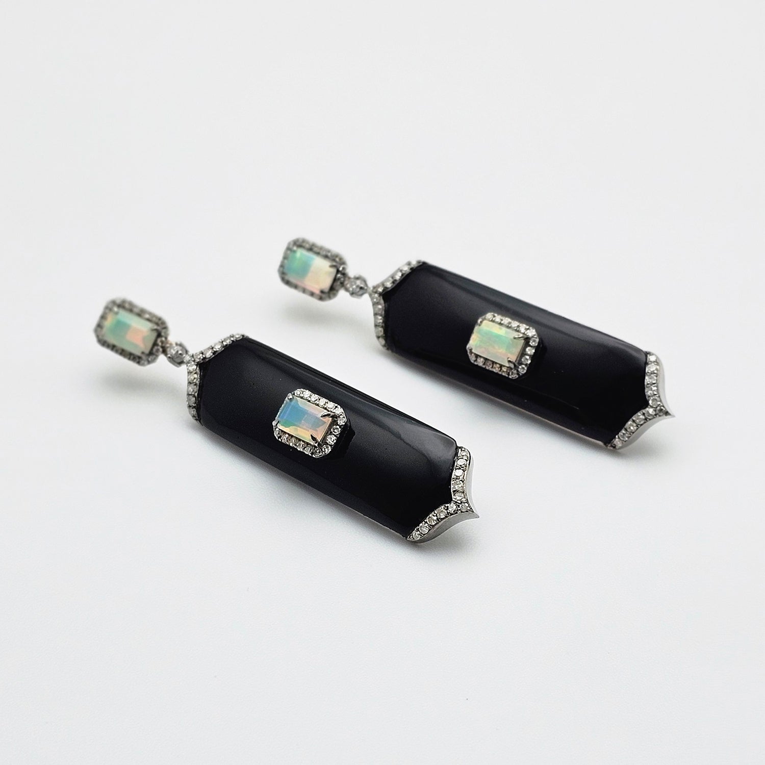 Art Deco Style Black Onyx and Opal  Earrings
