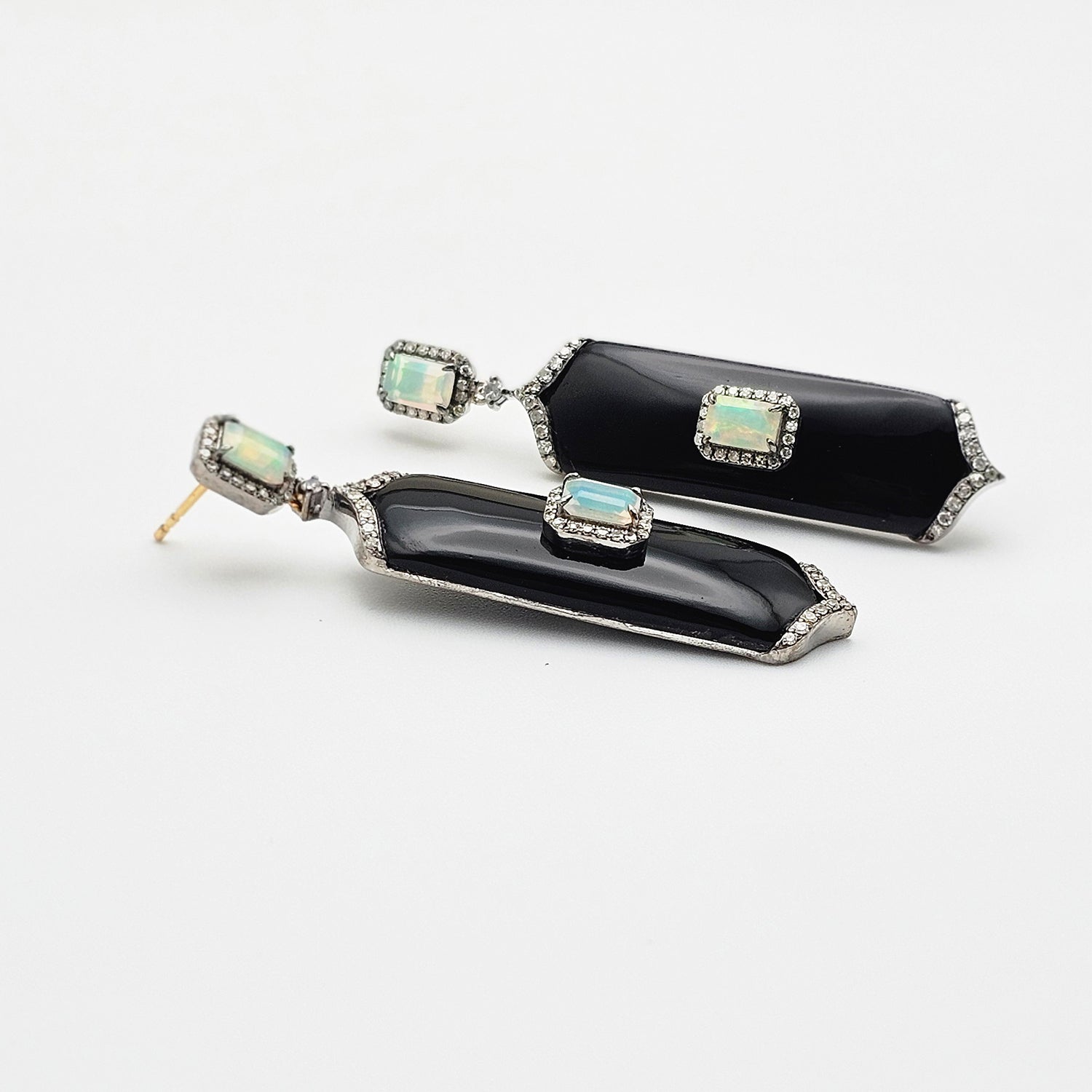 Art Deco Style Black Onyx and Opal  Earrings