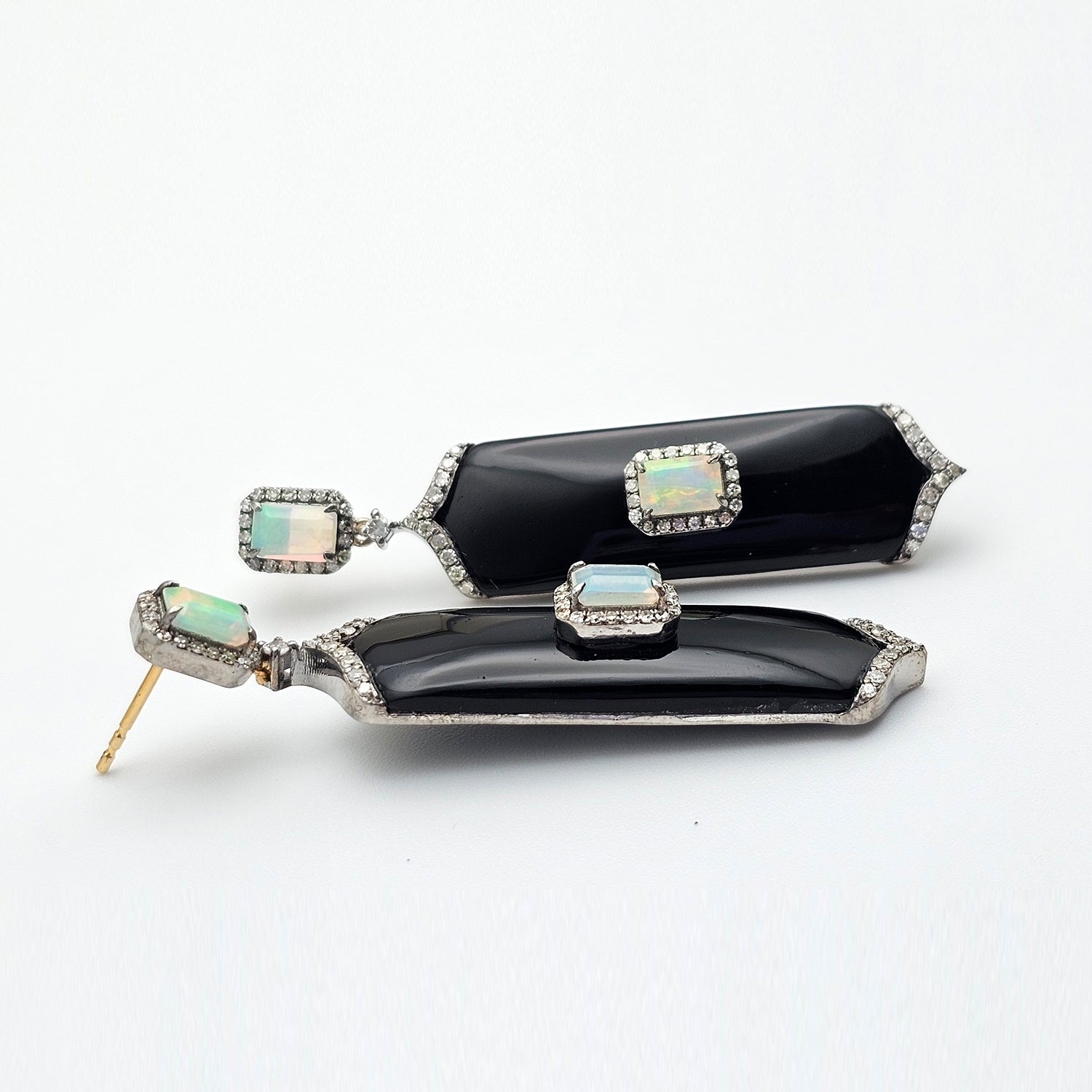Art Deco Style Black Onyx and Opal  Earrings