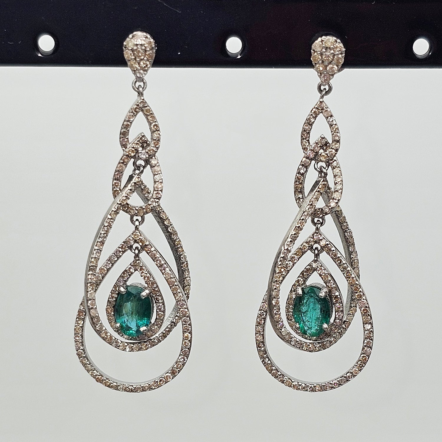 Natural Emerald & Diamond Drop  Earrings
