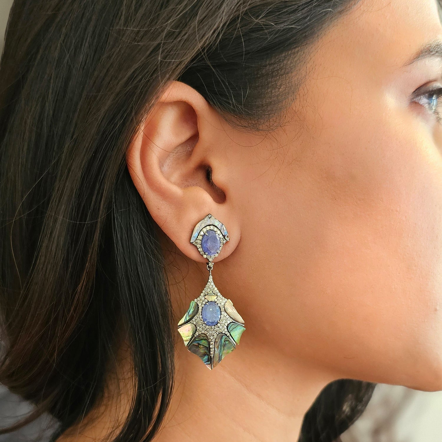 Natural Tanzanite & Diamond shell Earrings