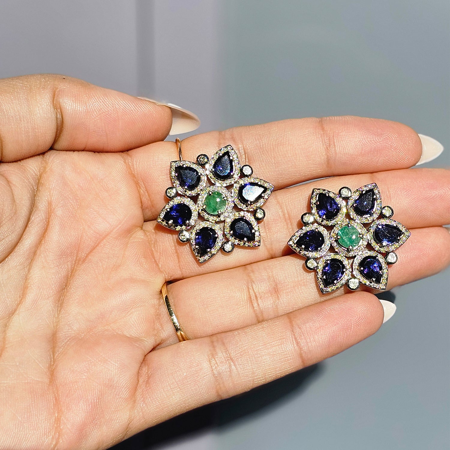 Natural Iolite and Diamond Flower  Shaped Studs