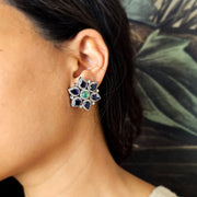 Natural Iolite and Diamond Flower  Shaped Studs
