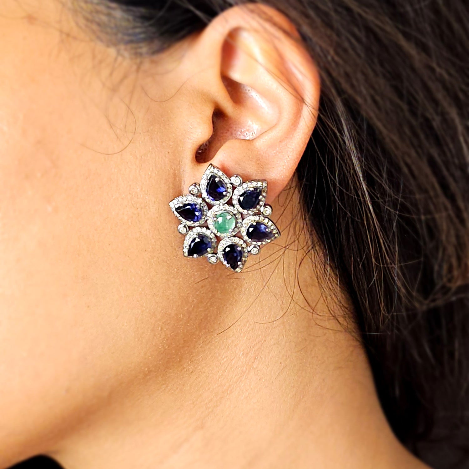 Natural Iolite and Diamond Flower  Shaped Studs