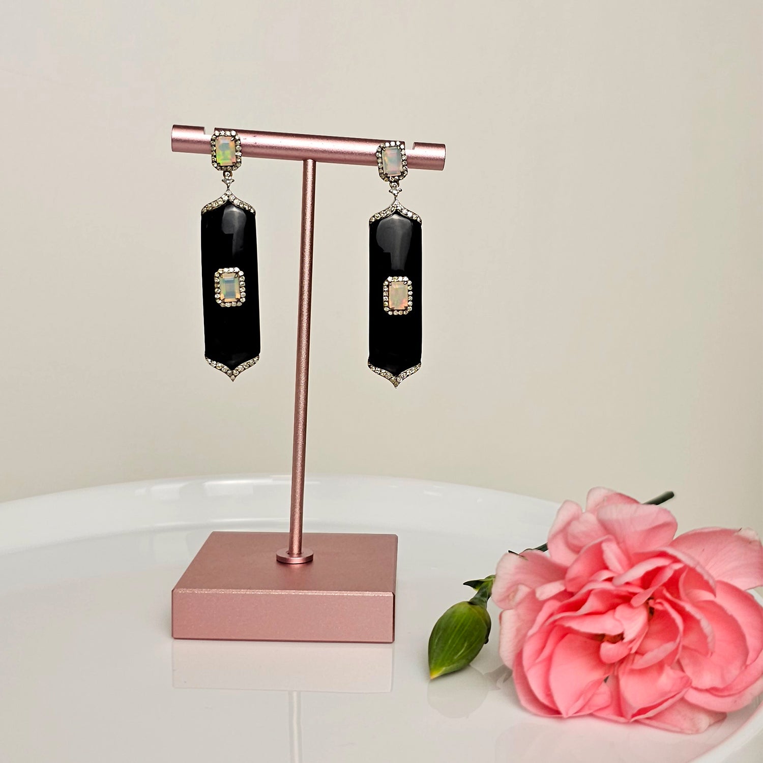 Art Deco Style Black Onyx and Opal  Earrings