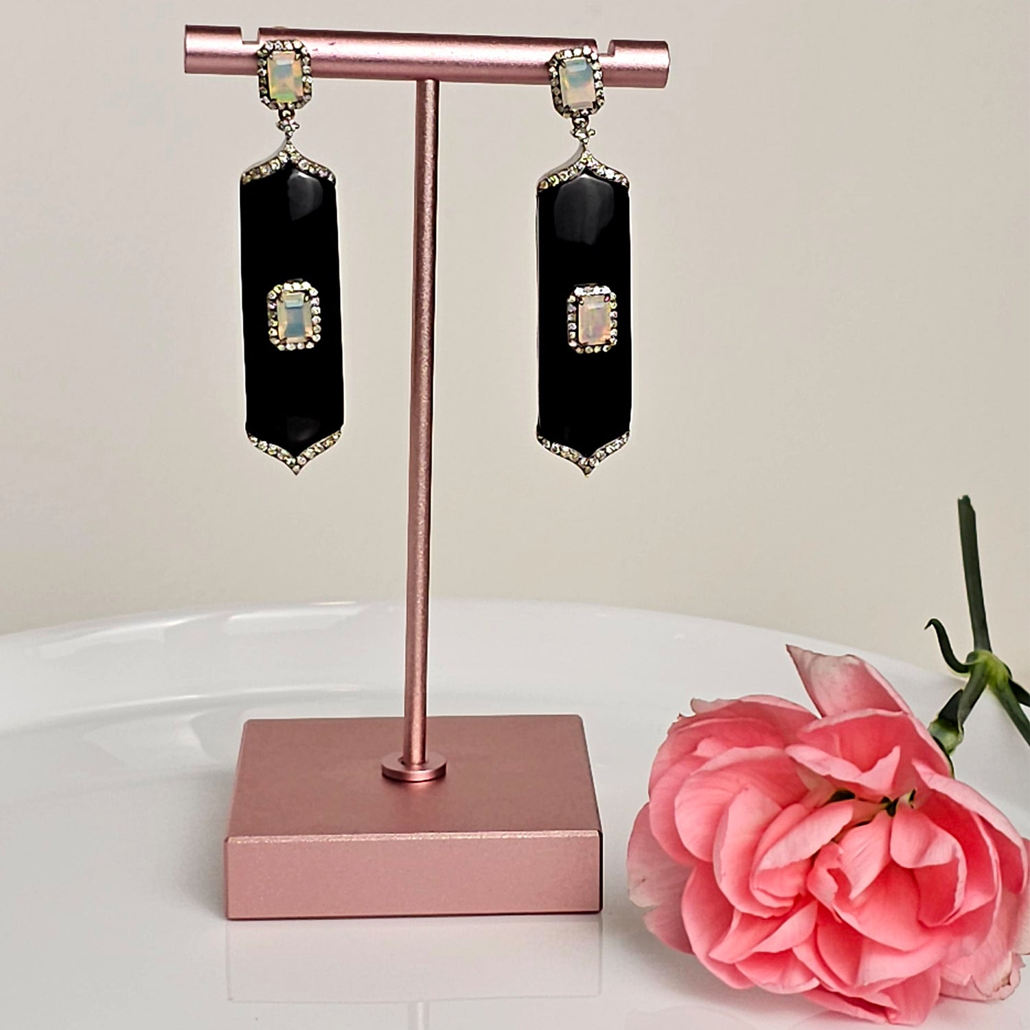 Art Deco Style Black Onyx and Opal  Earrings