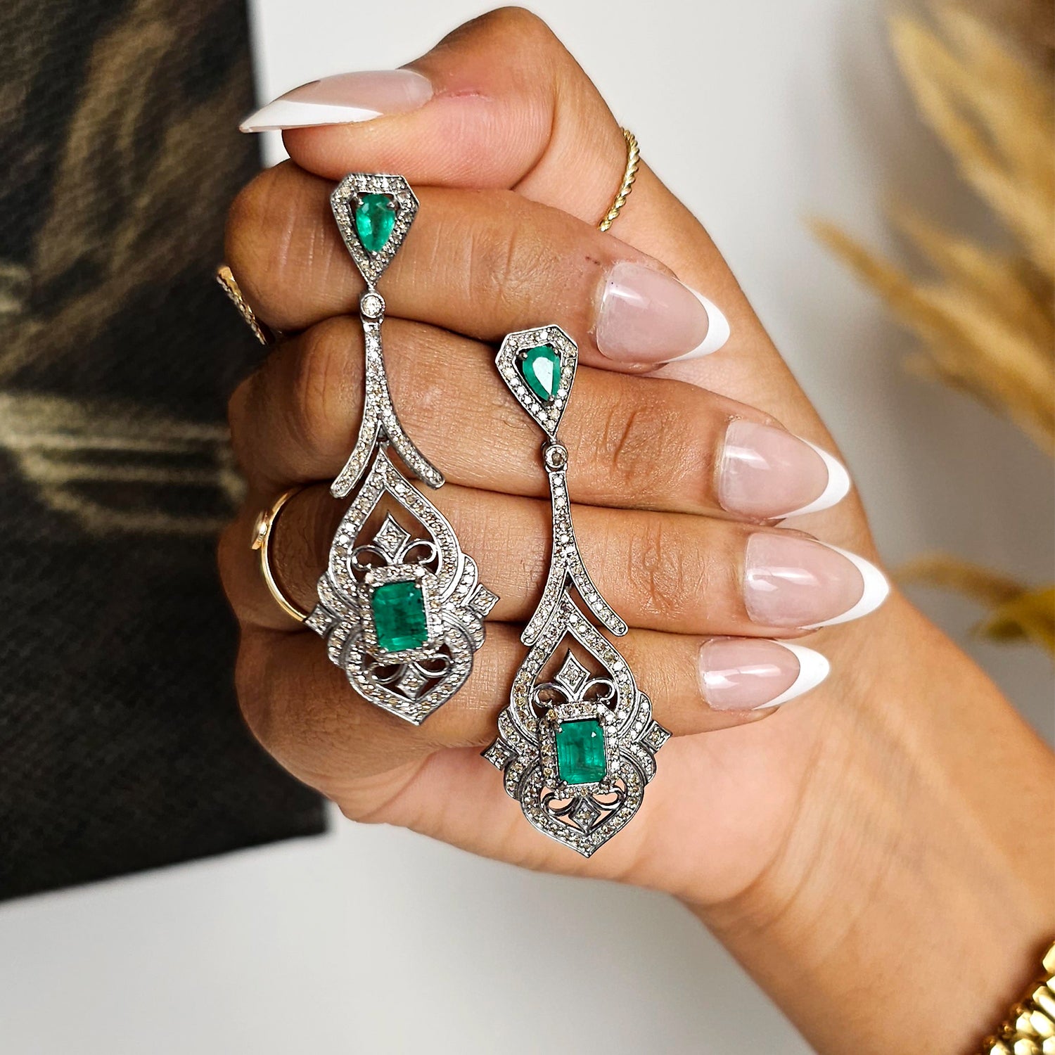 Natural Emerald & Diamond long Earrings