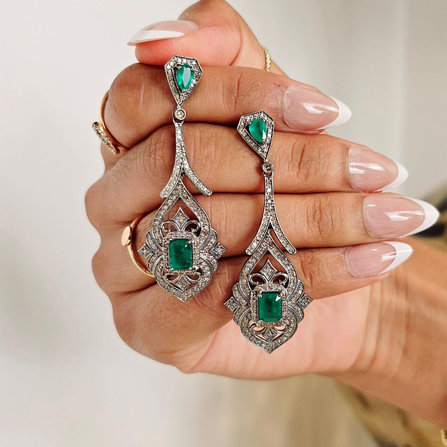 Natural Emerald & Diamond long Earrings