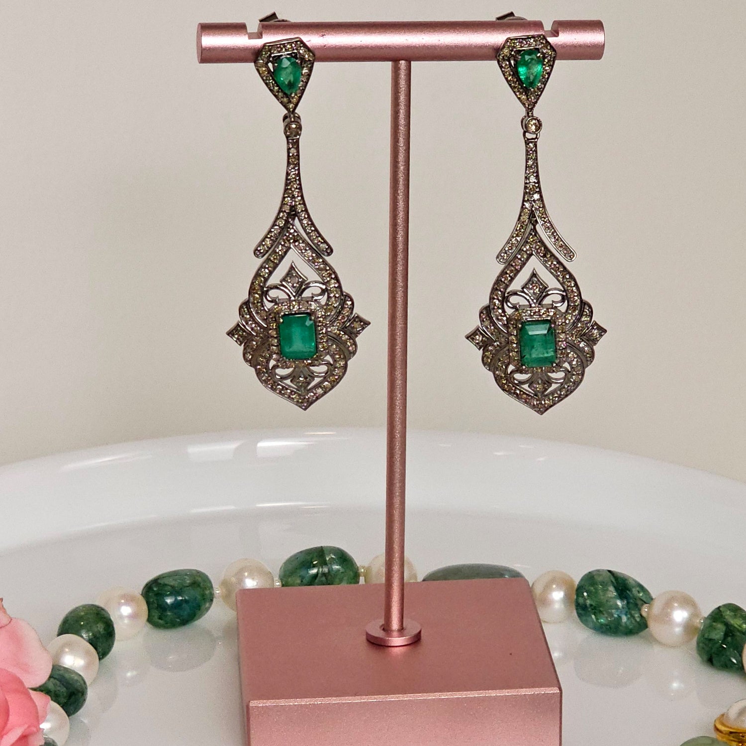 Natural Emerald & Diamond long Earrings