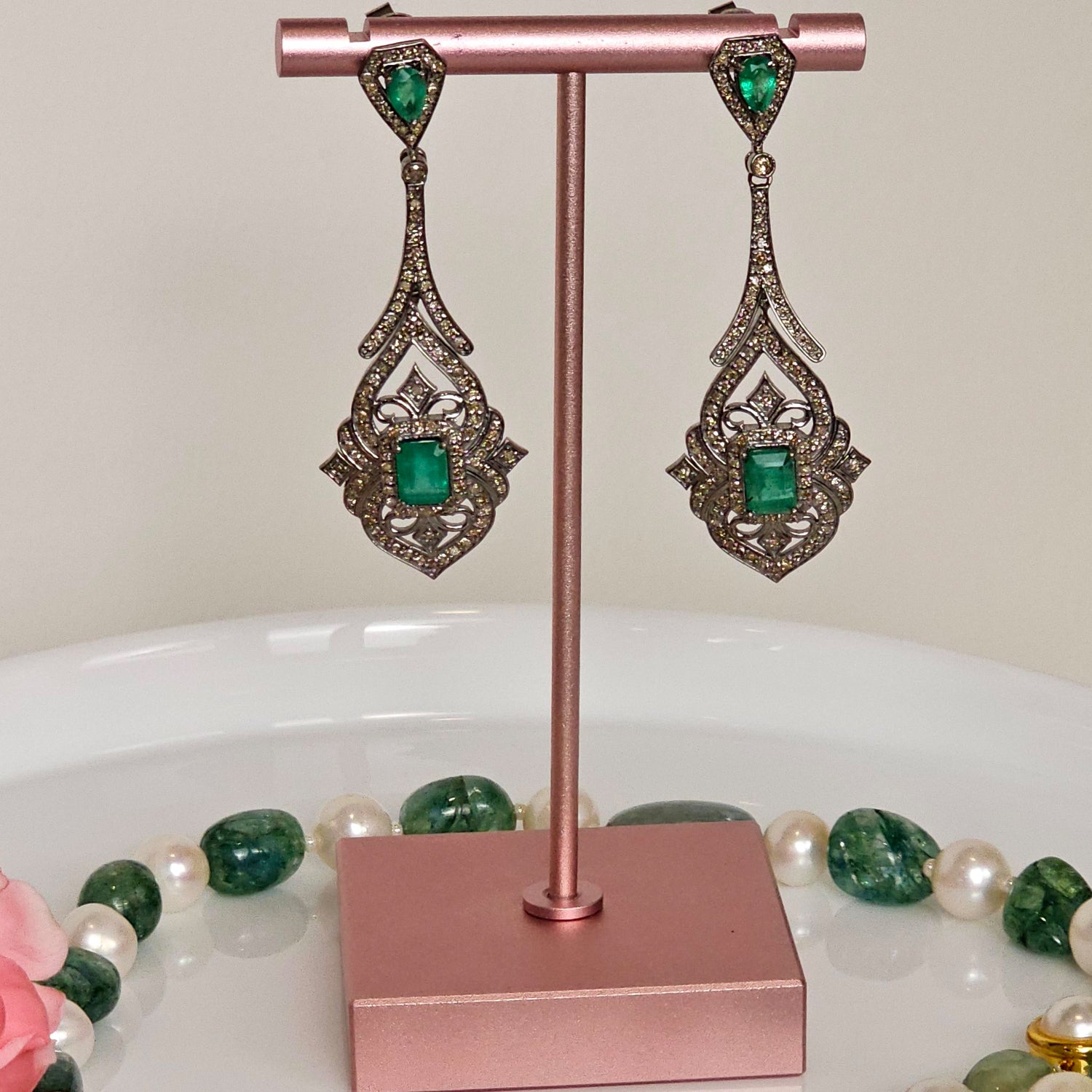 Natural Emerald & Diamond long Earrings
