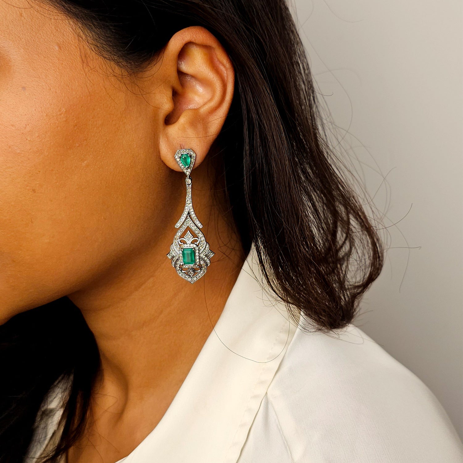 Natural Emerald & Diamond long Earrings