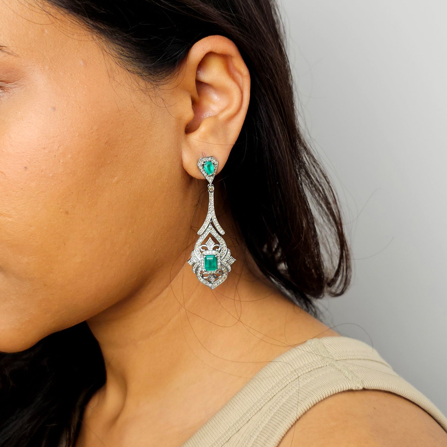 Natural Emerald & Diamond long Earrings