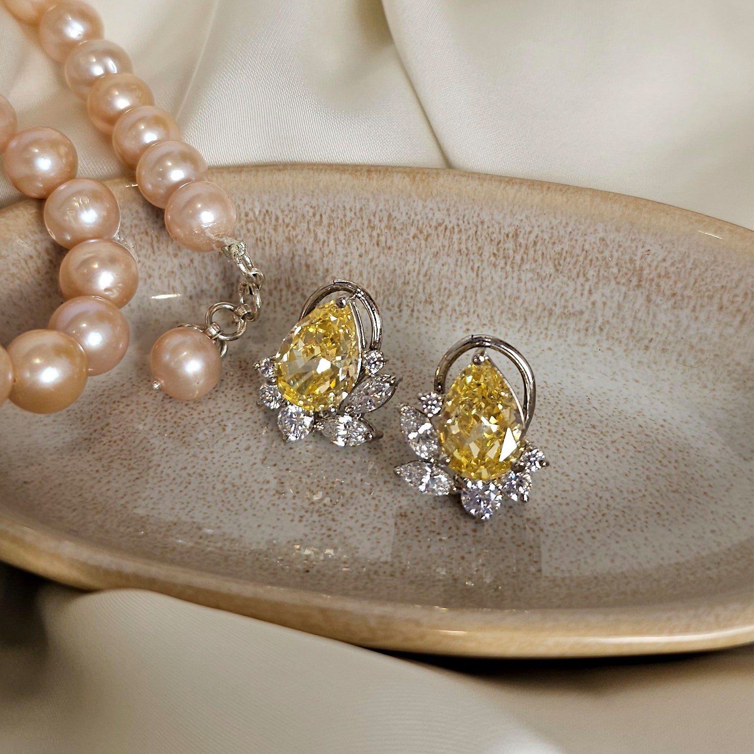 Pear Shape Yellow and White Swarovski  Clustered Studs