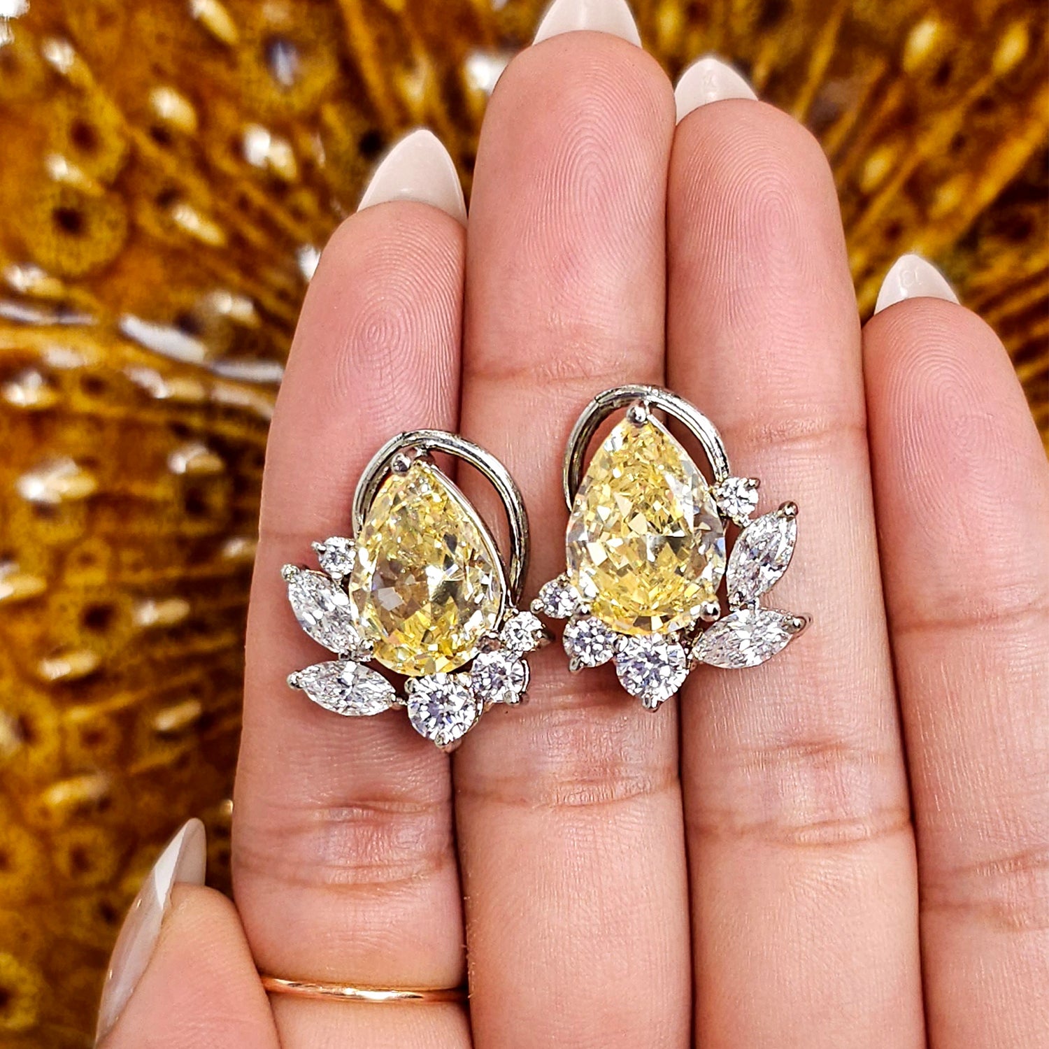 Pear Shape Yellow and White Swarovski  Clustered Studs