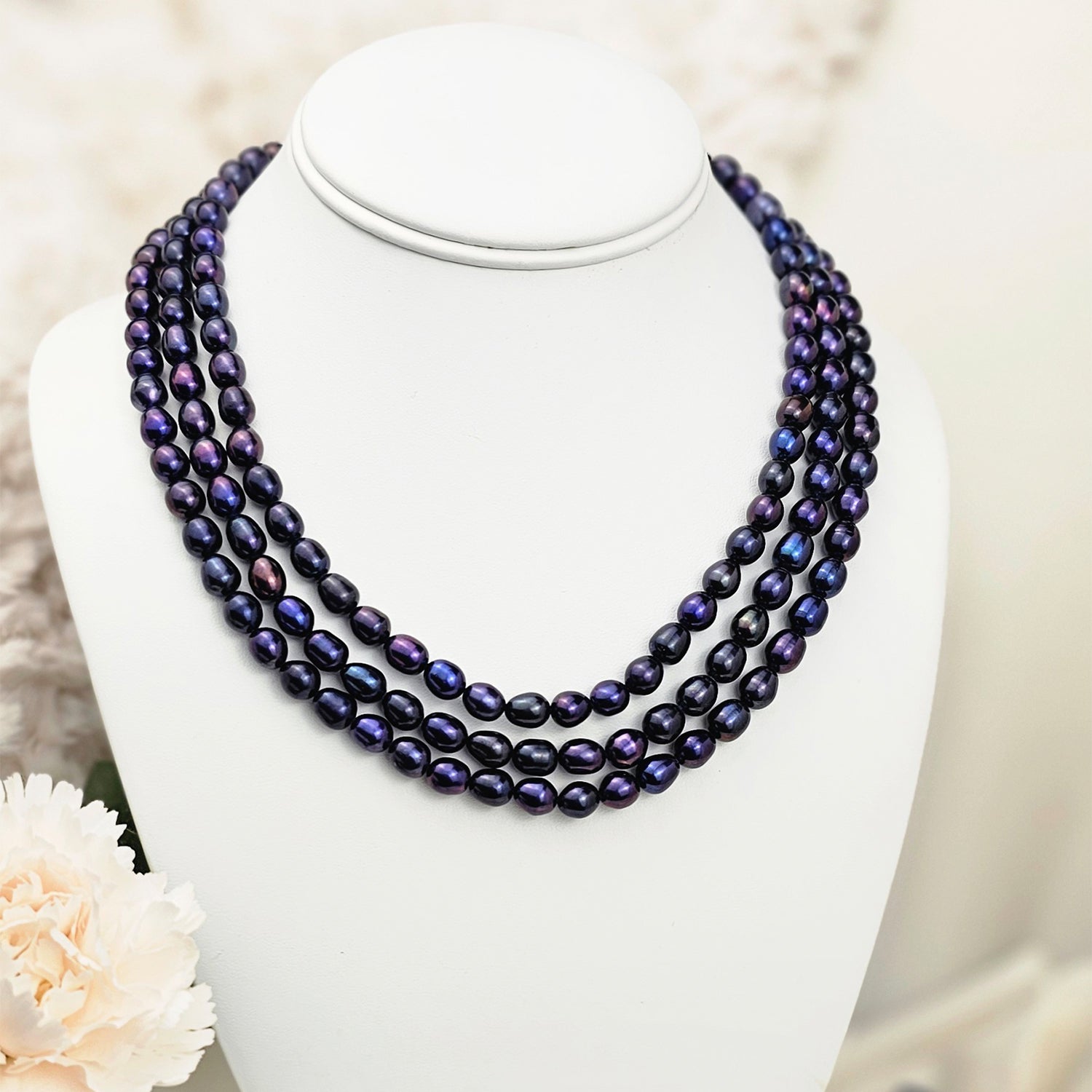 Navy blue pearl necklace (With  Earrings)