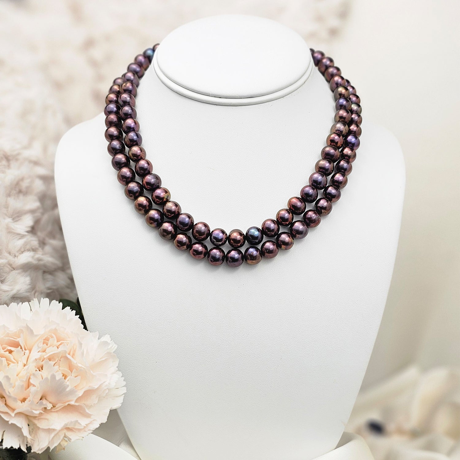Metallic Blueish Purple Pearl Necklace  (With Earrings)
