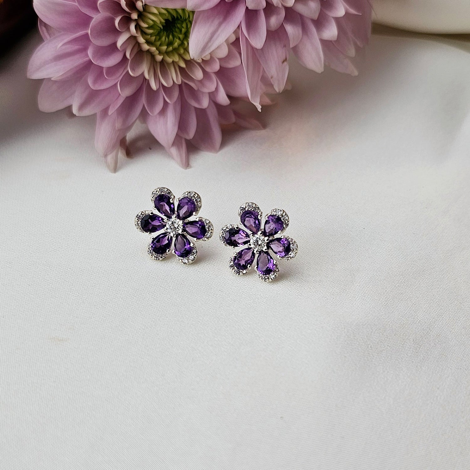 Flower Shaped Natural Amethyst  Earrings