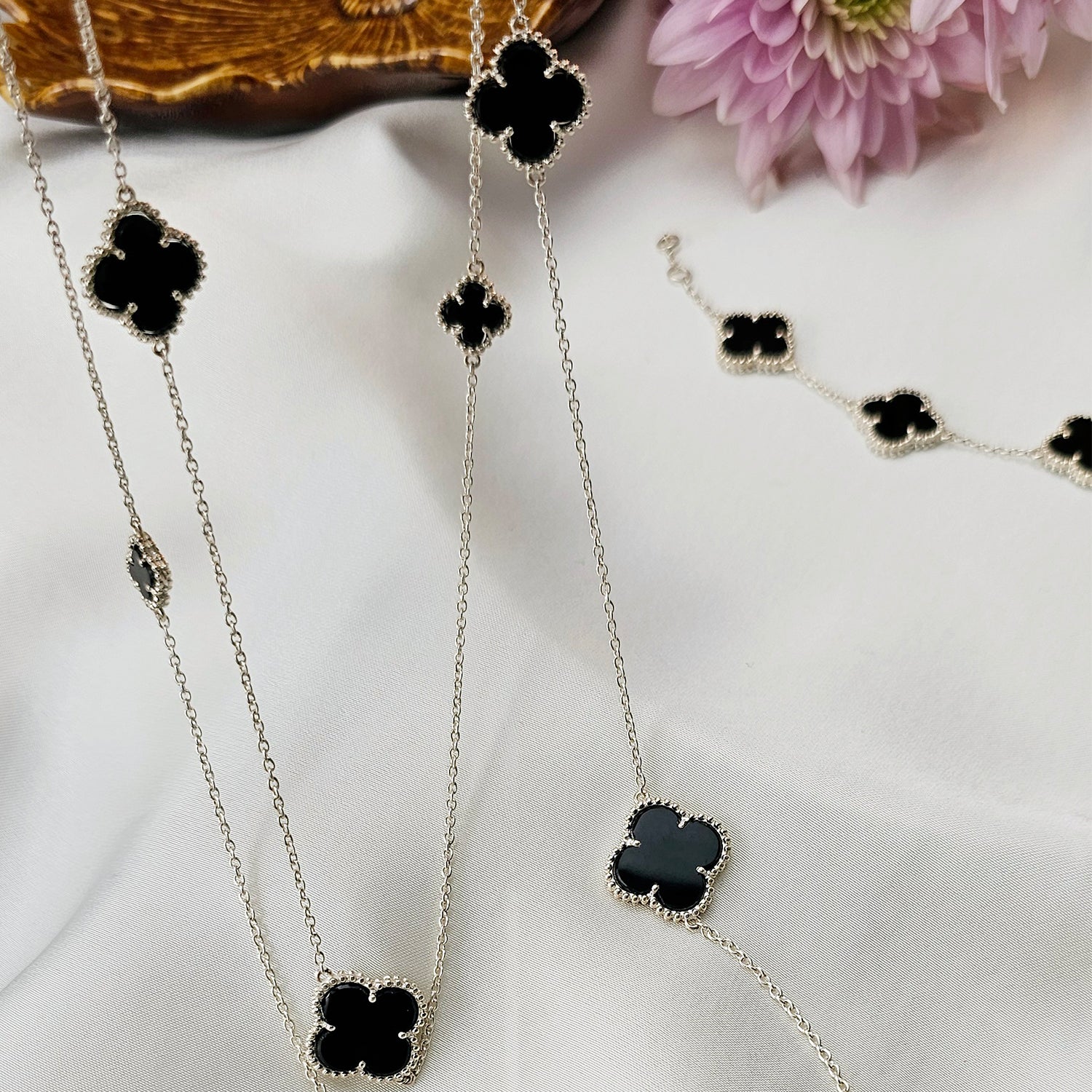 Small Clover Leaf Black Onyx  Necklace