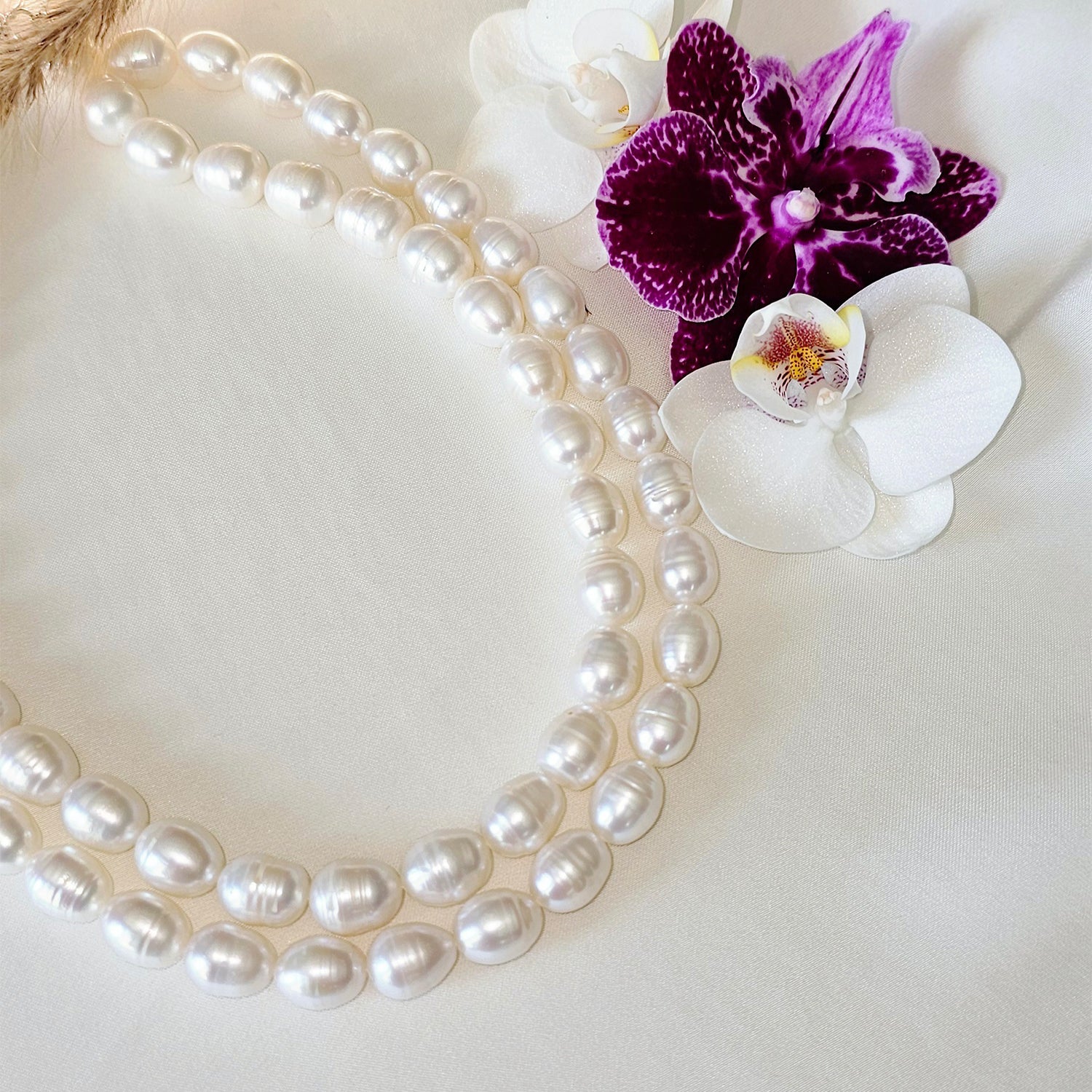 Luminous White Oval Pearl Necklace (With  Earrings) - Two Strings