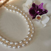 Luminous White Oval Pearl Necklace (With  Earrings) - Two Strings