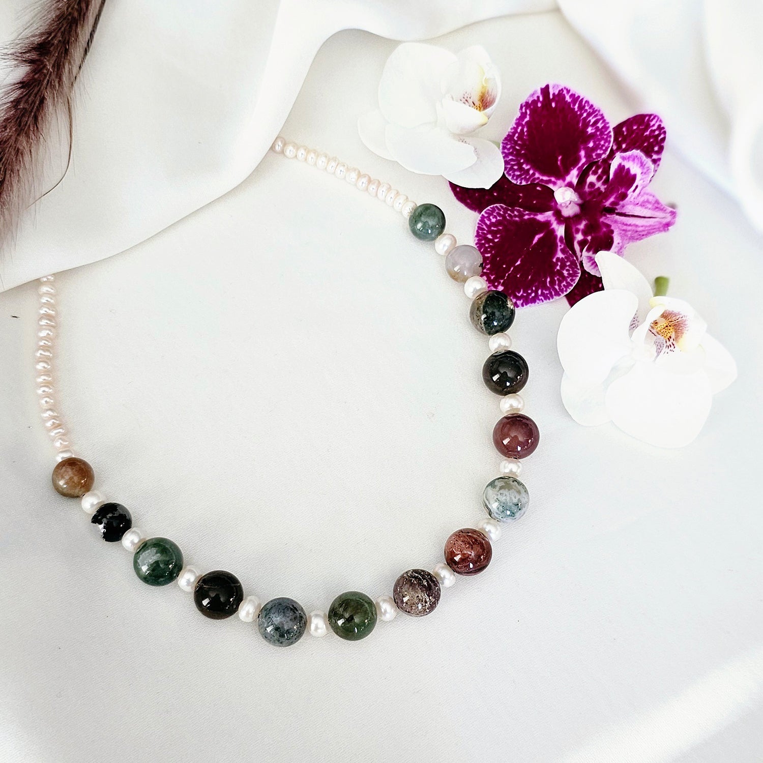 Fancy African Stone and Pearl Necklace