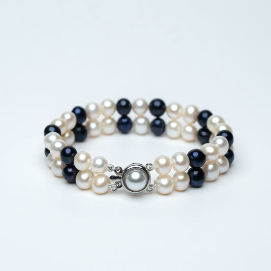 Black White 6-7mm AA Quality Double Standered Design |Freshwater Cultured Pearl Bracelet