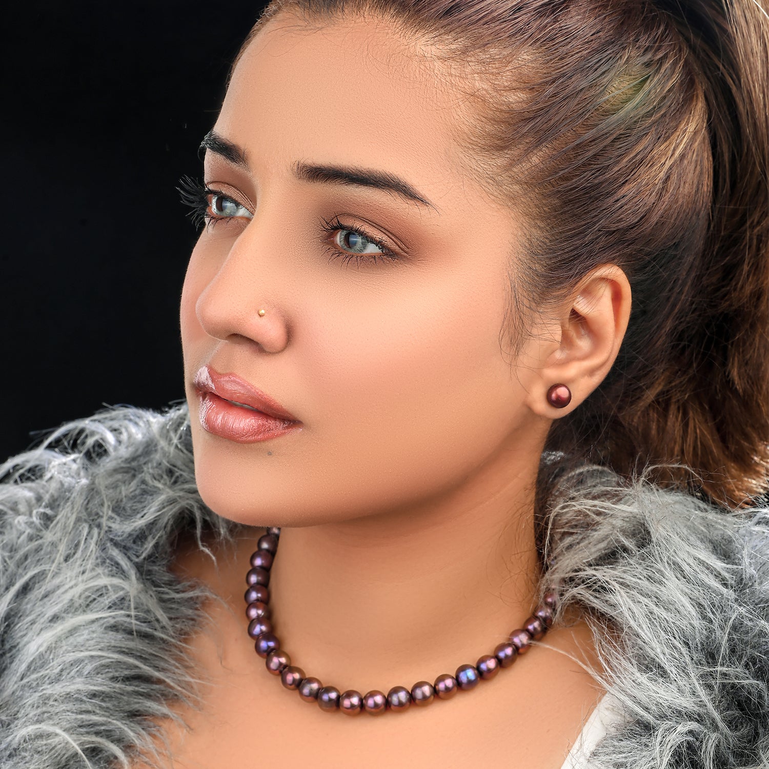 Metallic Blueish Purple Pearl Necklace Single  String (With Earrings)