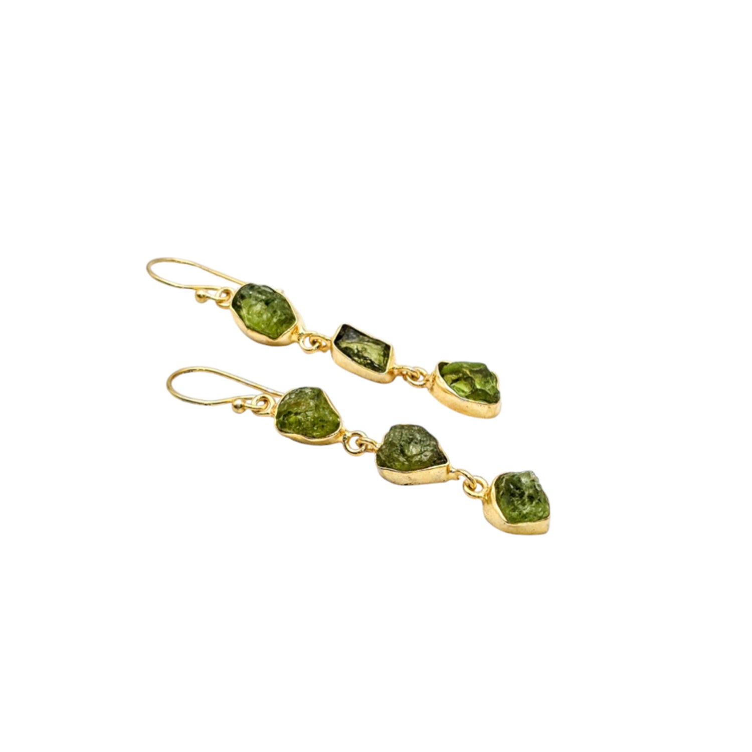 Triple drop Natural Raw Peridot  Earrings-Gold Plated