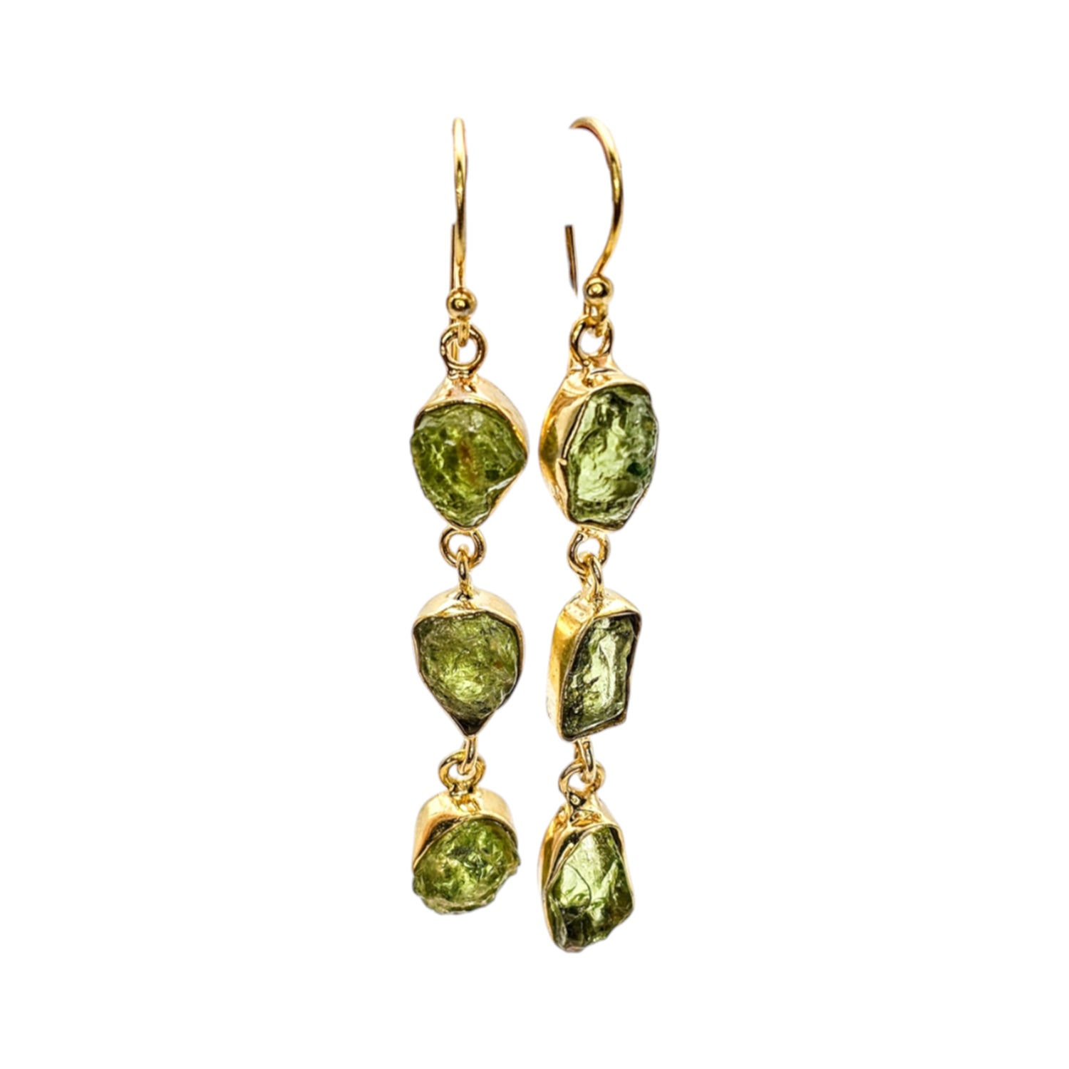 Triple drop Natural Raw Peridot  Earrings-Gold Plated