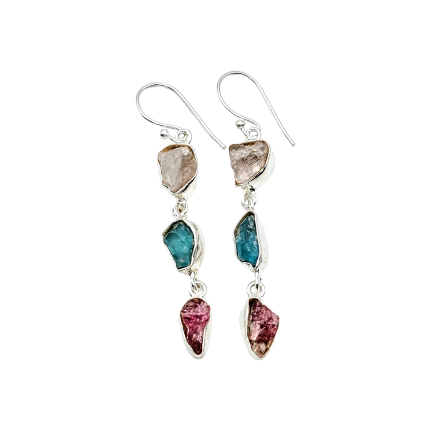 Multi Raw Natural Gemstone Silver Earrings