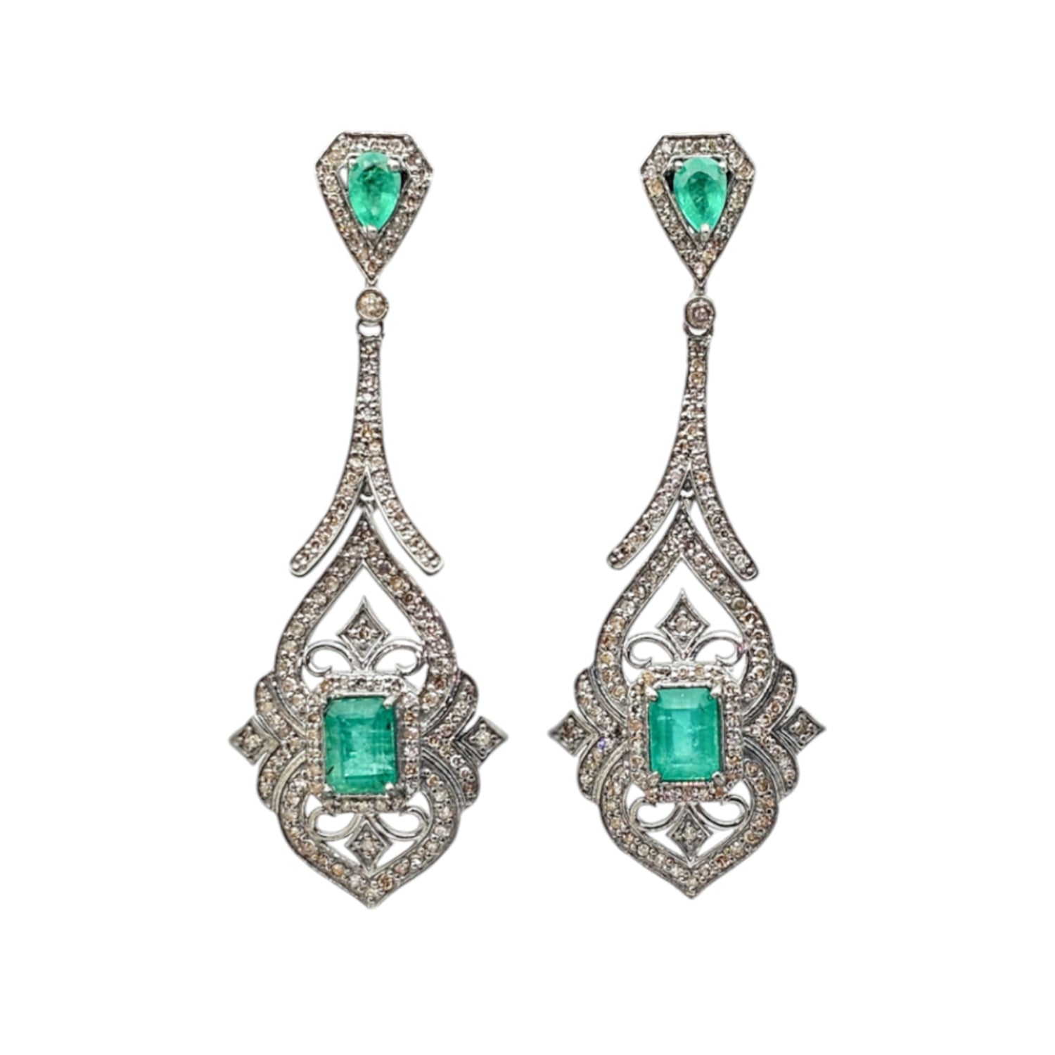 Natural Emerald & Diamond long Earrings
