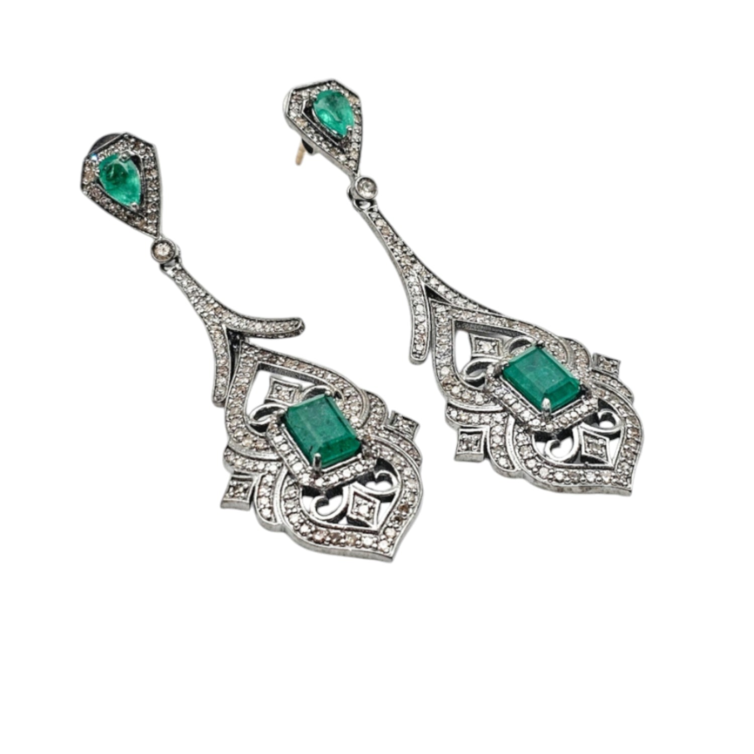 Natural Emerald & Diamond long Earrings