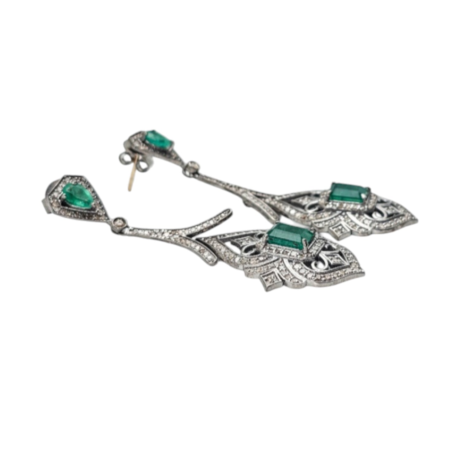 Natural Emerald & Diamond long Earrings