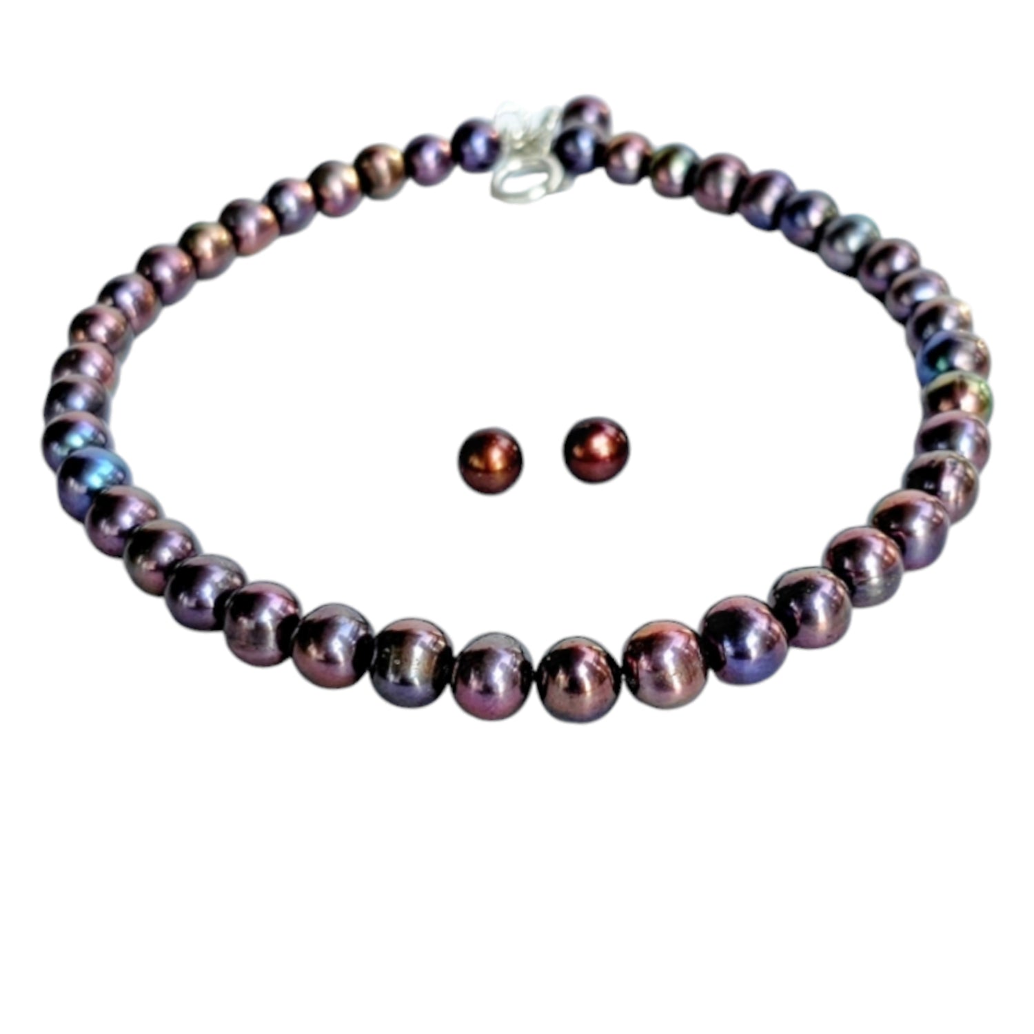 Metallic Blueish Purple Pearl Necklace Single  String (With Earrings)