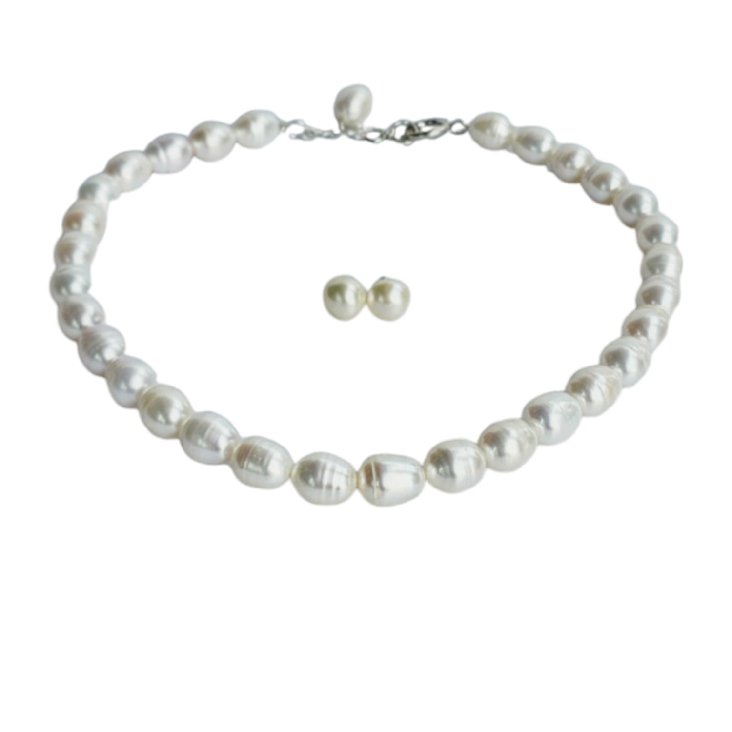 Luminous White Oval Pearl Necklace  (With Earrings)