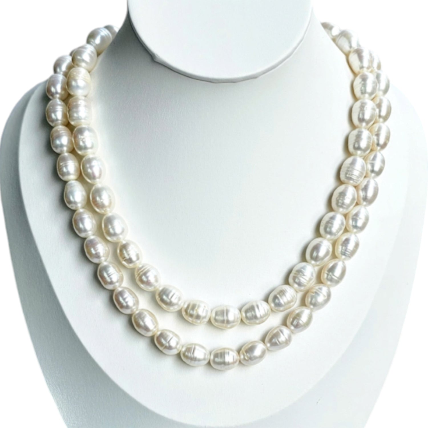 Luminous White Oval Pearl Necklace (With  Earrings) - Two Strings