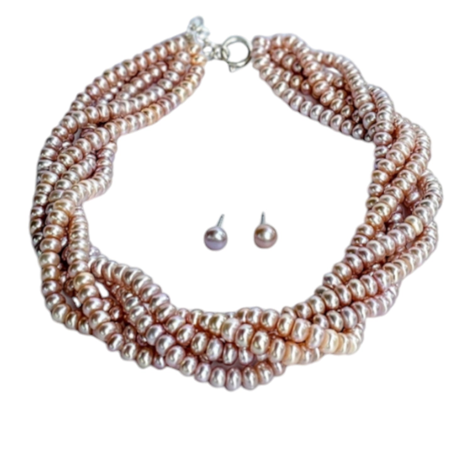 Roseate Freshwater Pearl Necklace (Pink  Color) Five Strings (With Earrings)