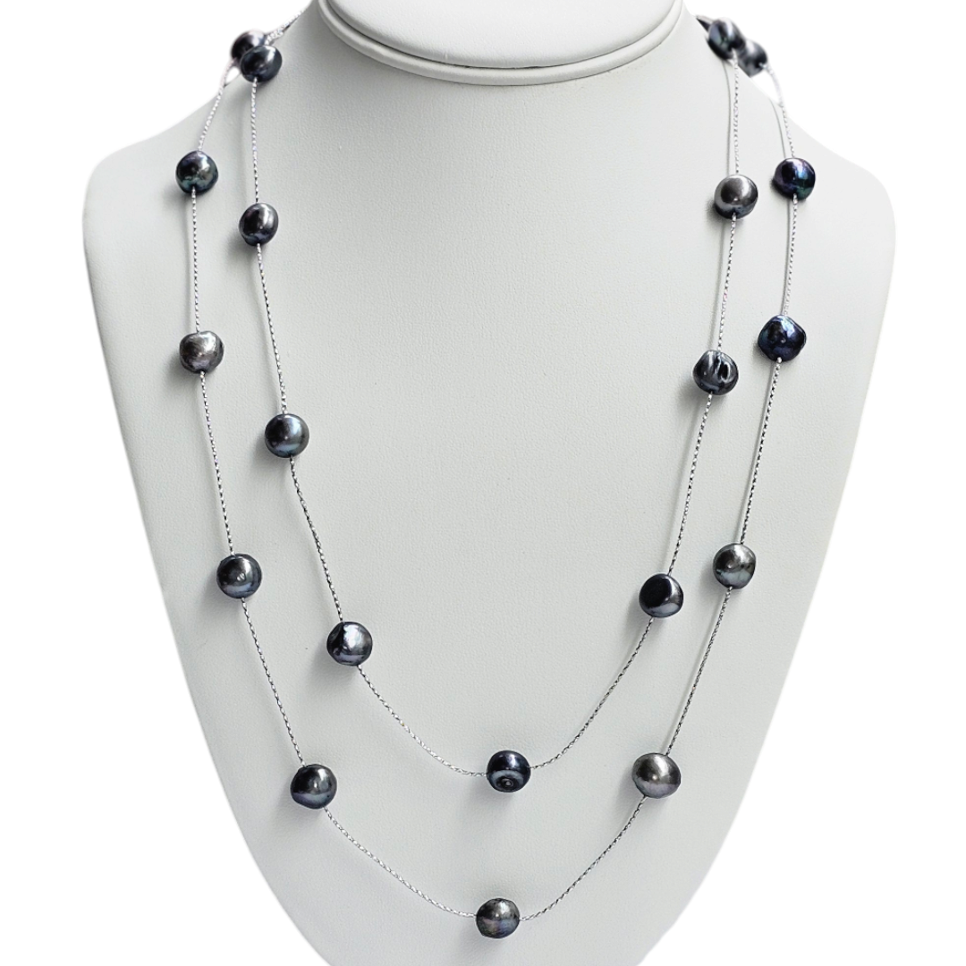 Long Black Baroque Pearl Silver  Chain